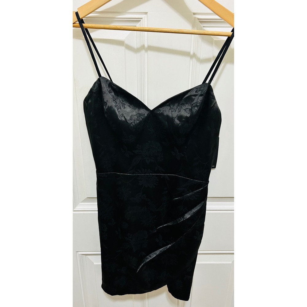 Lulus Black Floral Jacquard Satin Mini Dress Sweetheart Ruched Tulip Hem‎ NWT L